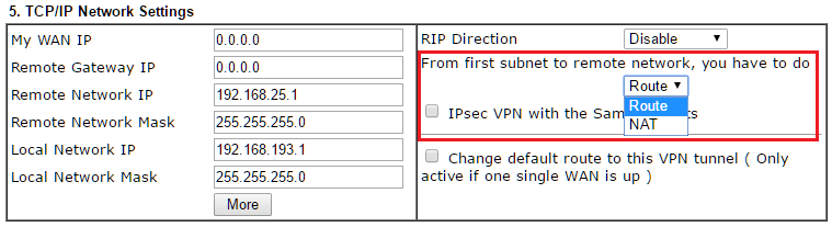 a screenshot of DrayOS NAT/Route option in VPN